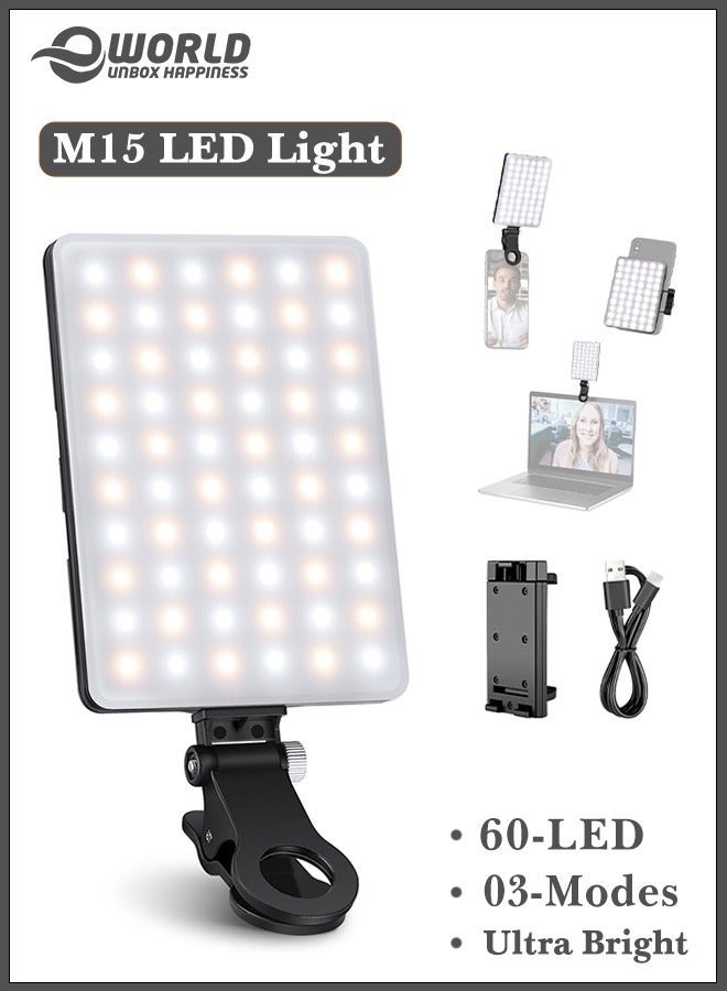 Eworld High-power 60-LED Rechargeable Selfie Light with Front & Back Clips, 3 Light Modes and 10 Brightness Levels, Ideal for Makeup, Selfies, Vlogs, Video Conferences on Smartphones, Tablets, Laptops - Image 1
